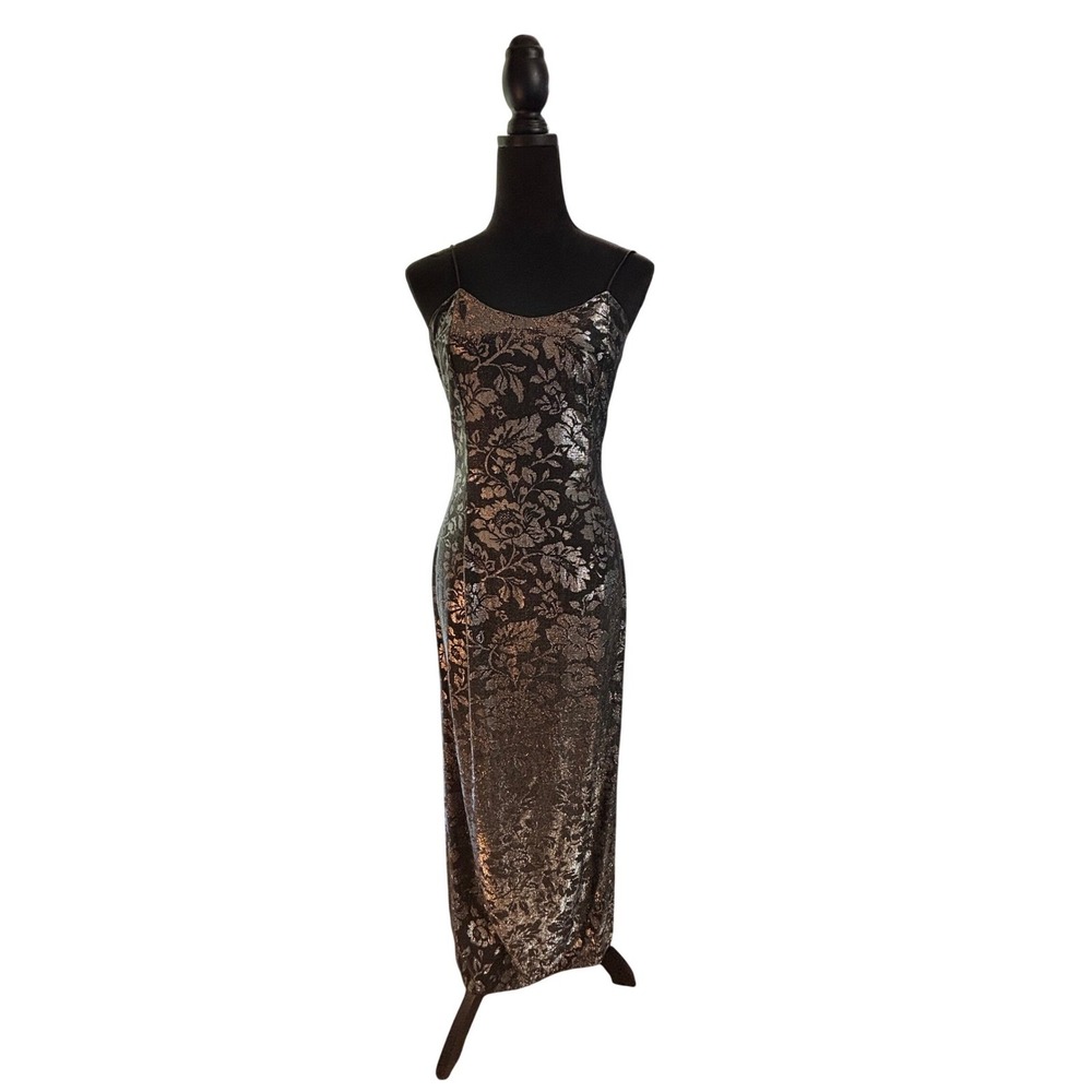 Jessica McClintock Gunne Sax Vintage 90s Silver Floral Brocade‎ Maxi Dress 7/8
